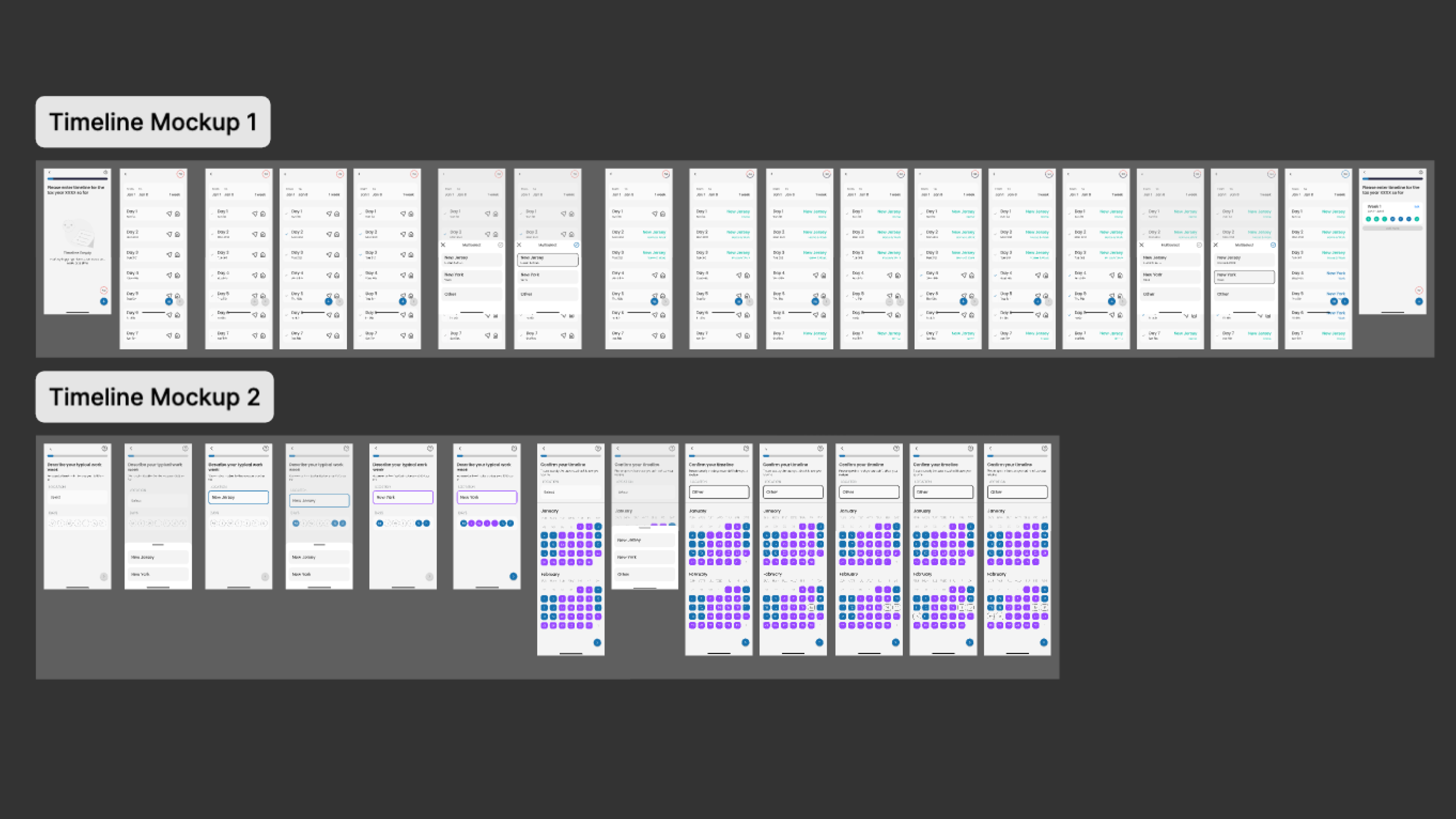 High fidelity wireframes of options for timeline