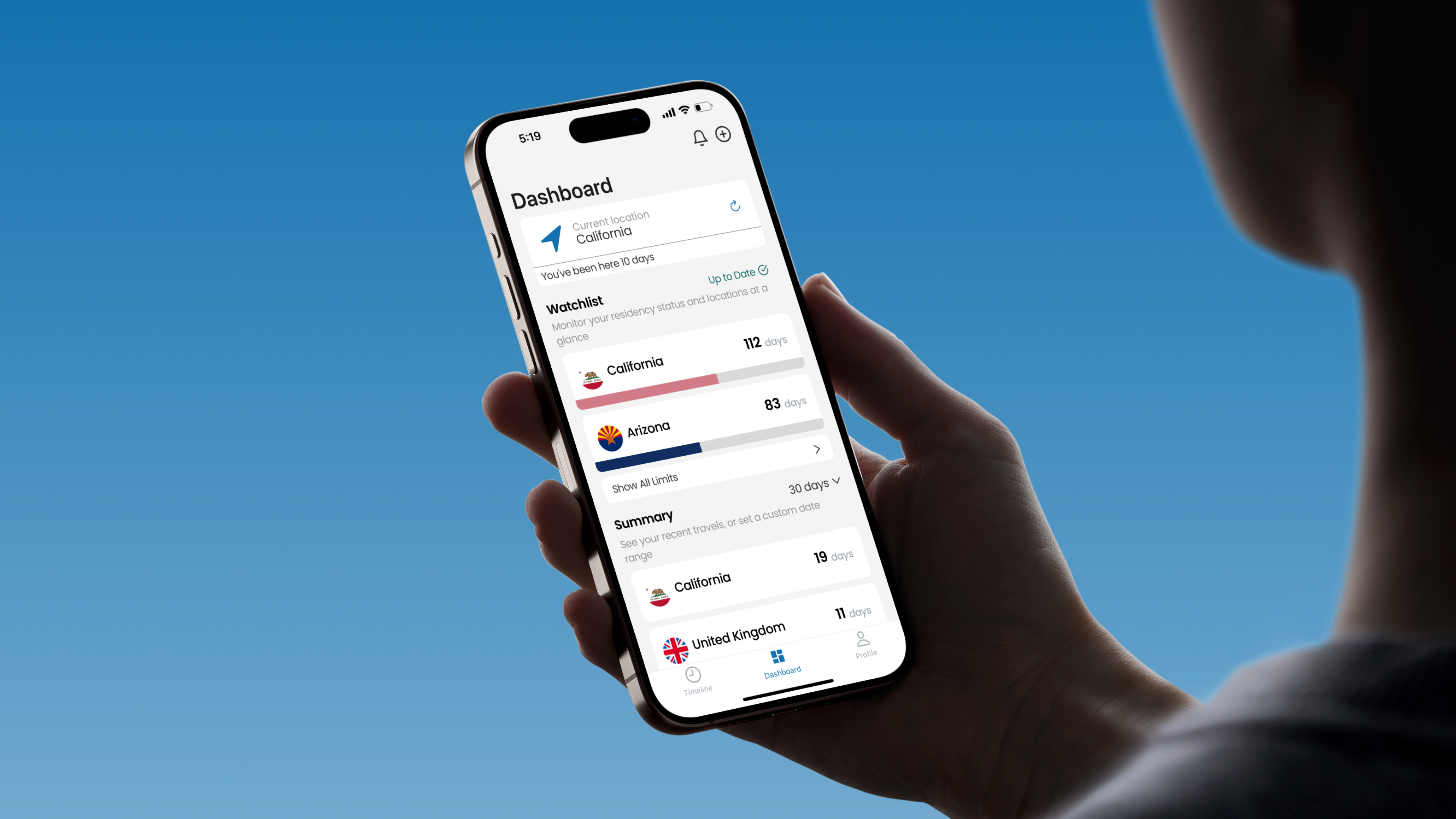 Dashboard - Monitor your current location, residency status across all relevant jurisdictions, and day count by location at a glance.